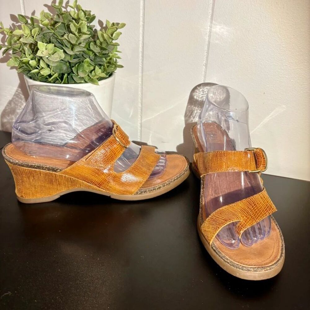 Ariat Brown Reptile Embossed Leather Buckle Slide Sandals Western Cork Wedge 9B